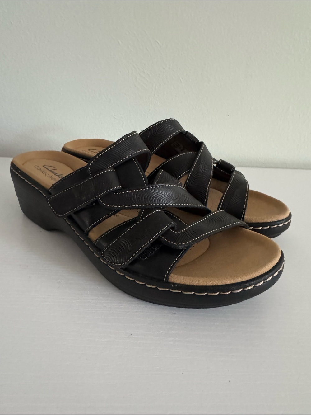 Clarks Black Woven Strap Wedge Mules